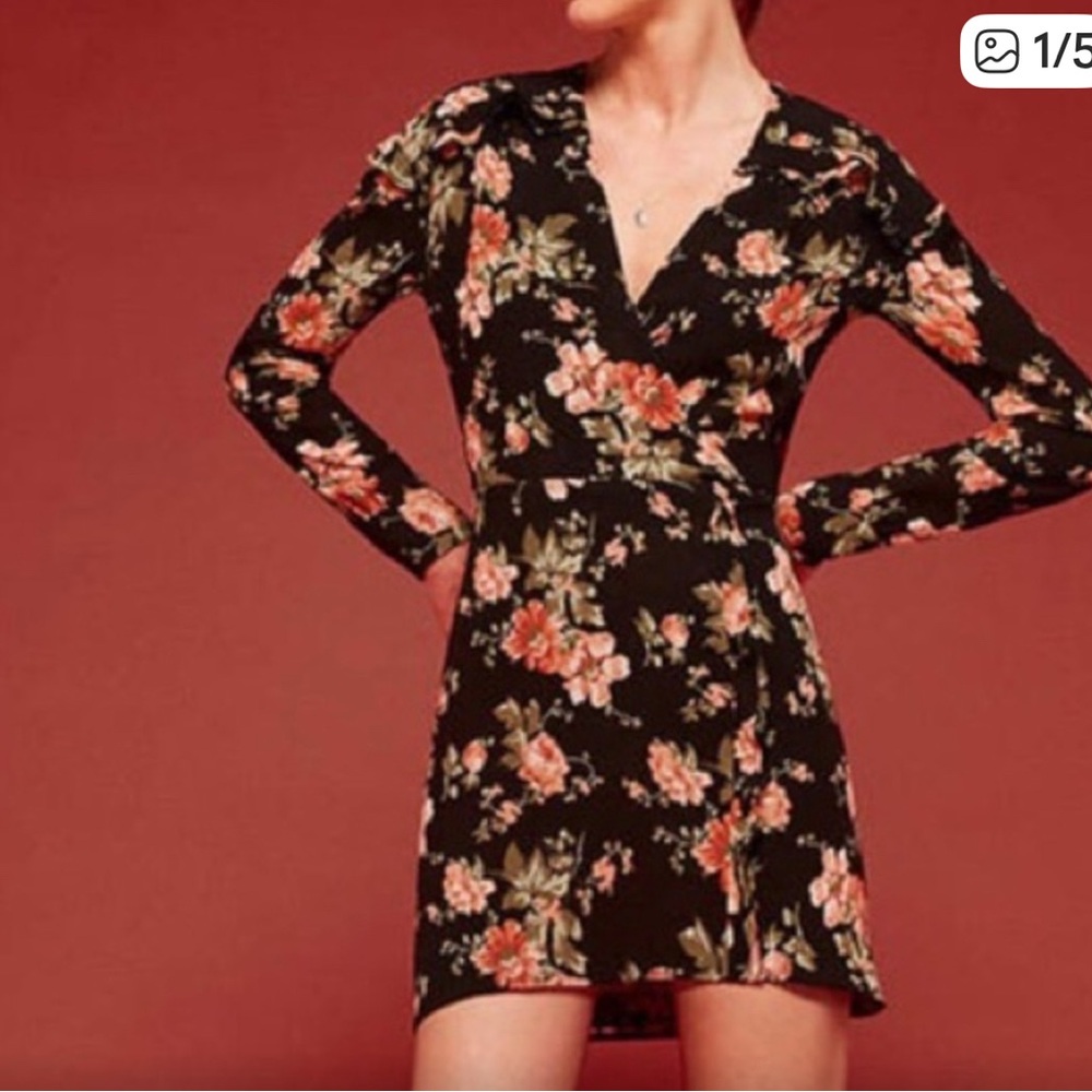 Reformation Black Floral Long Sleeve Dress